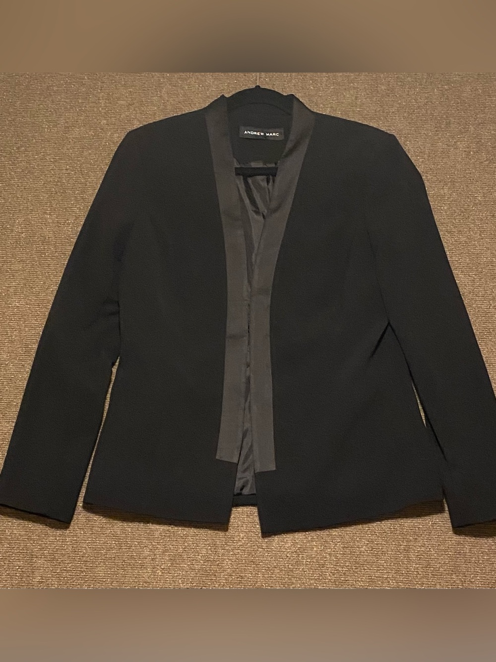 Andrew Marc Black Open-Front Satin Trim Tailored Blazer